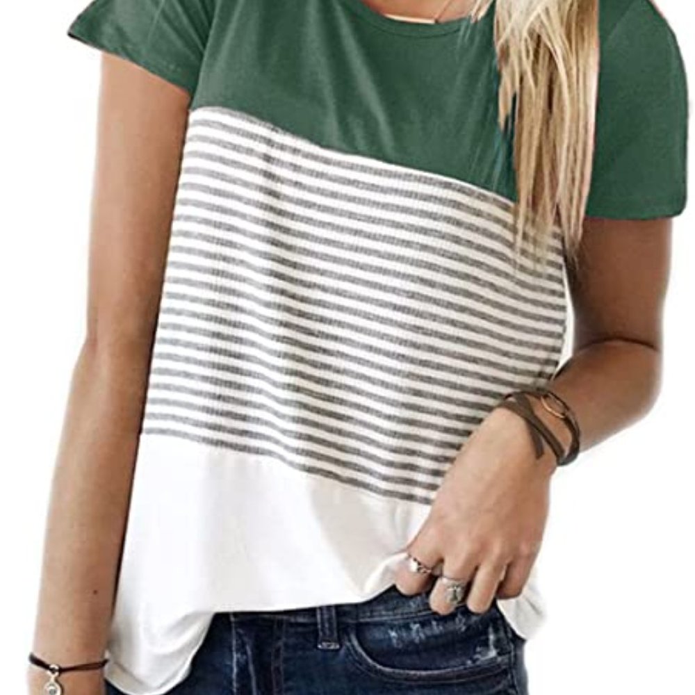 Women's YunJey Short-Sleeve Triple Color Block Green Stripe T-Shirt Casual XXL